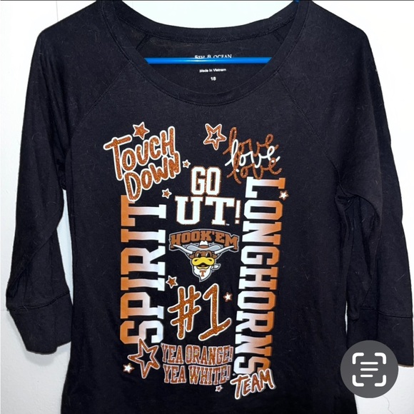 LONGHORNS HOOK’EM HORNS GO UT FOOTBALL BLACK ORANGE  TEE SHIRT 3/4 SLEEVE - Picture 2 of 2